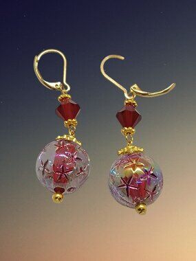 Red and Gold Starry Globe Dangle Earrings